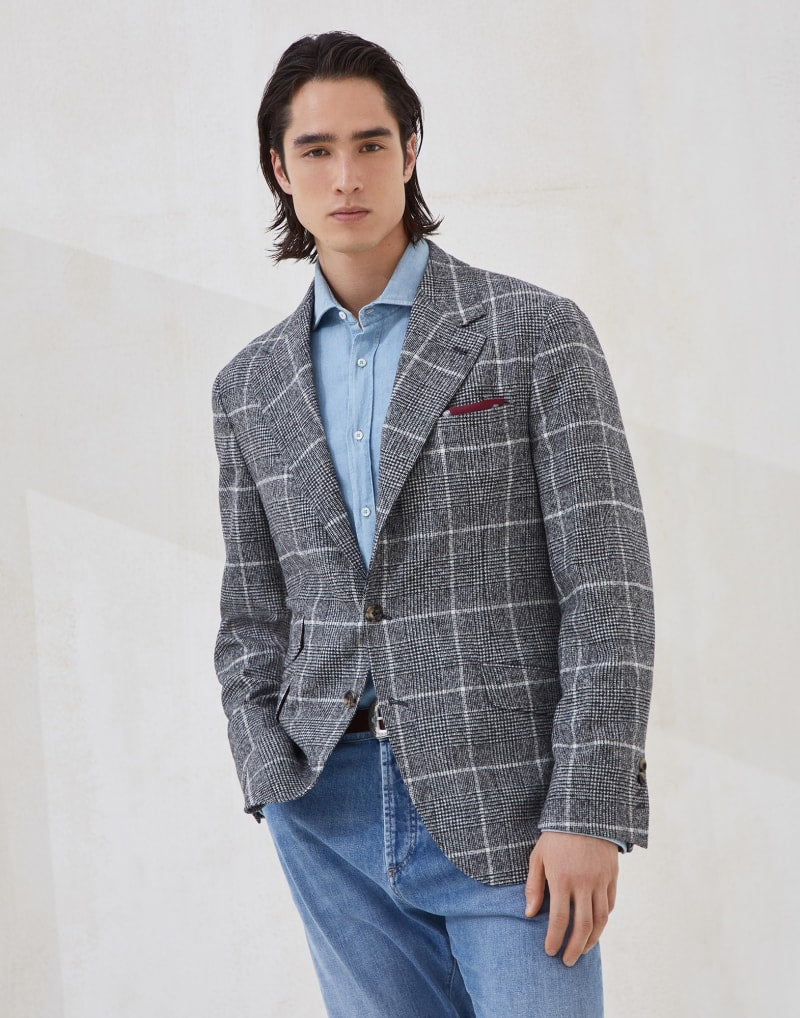 BRUNELLO CUCINELLI MEN'S ANTHRACITE WINDOWPANE WOOL BLEND BLAZER