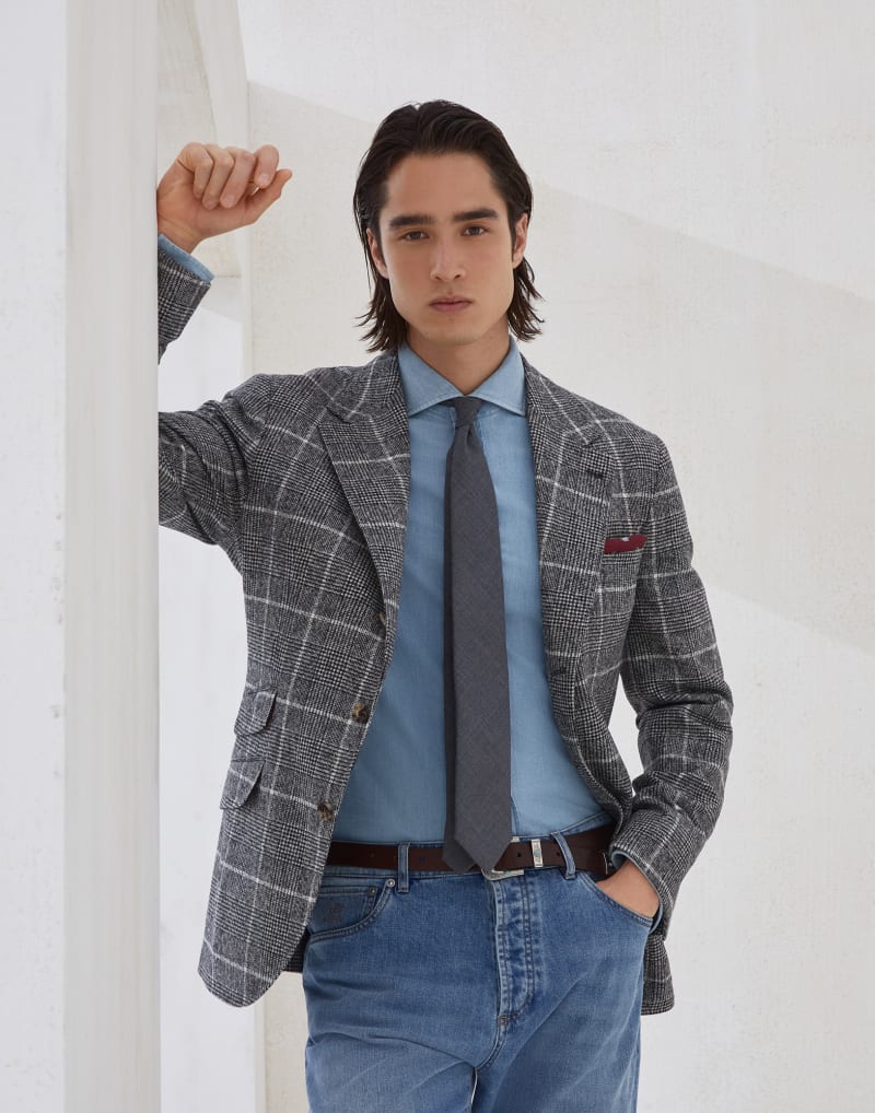 BRUNELLO CUCINELLI MEN'S ANTHRACITE WINDOWPANE WOOL BLEND BLAZER