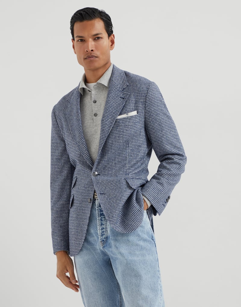 BRUNELLO CUCINELLI MEN'S DENIM WOOL BLEND PATTERNED BLAZER