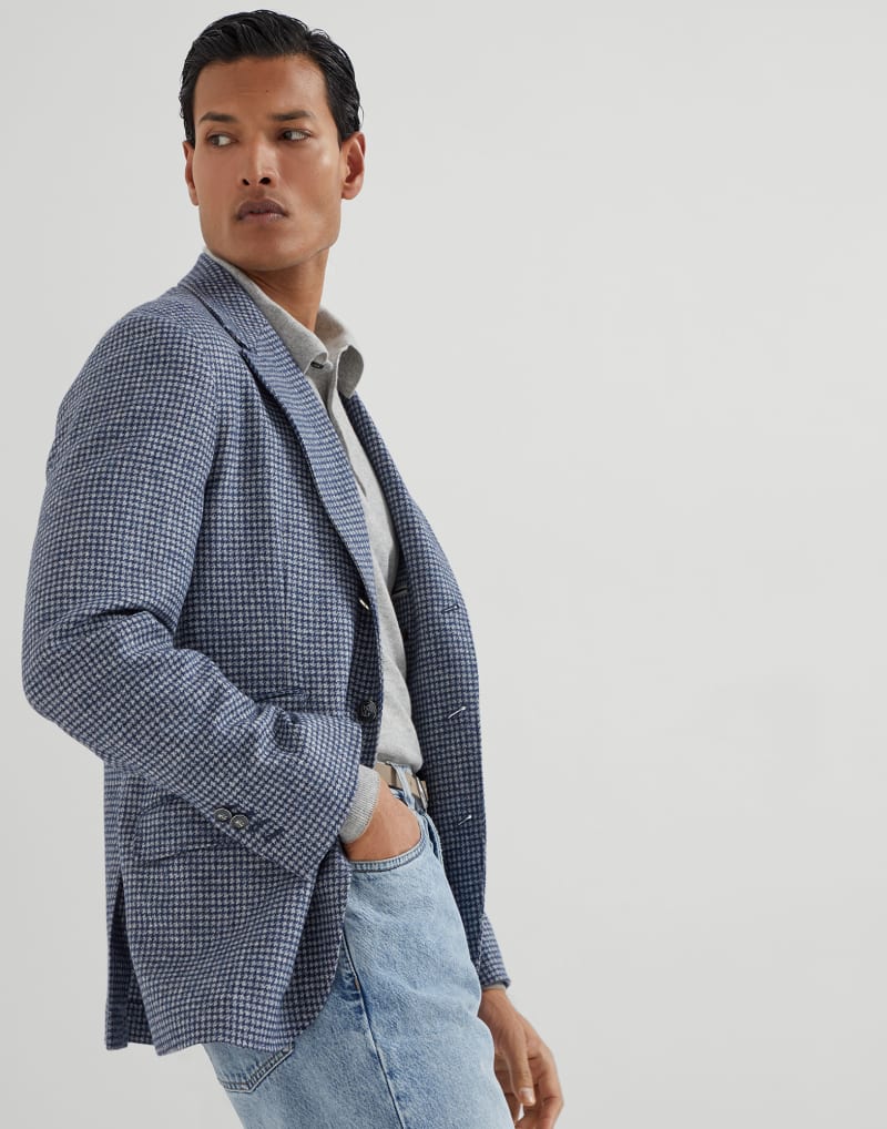BRUNELLO CUCINELLI MEN'S DENIM WOOL BLEND PATTERNED BLAZER