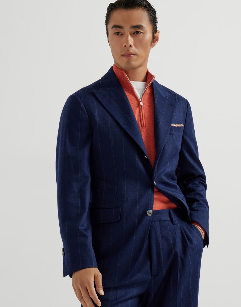 BRUNELLO CUCINELLI MEN'S COLORFUL BLUE WOOL PINSTRIPE BLAZER