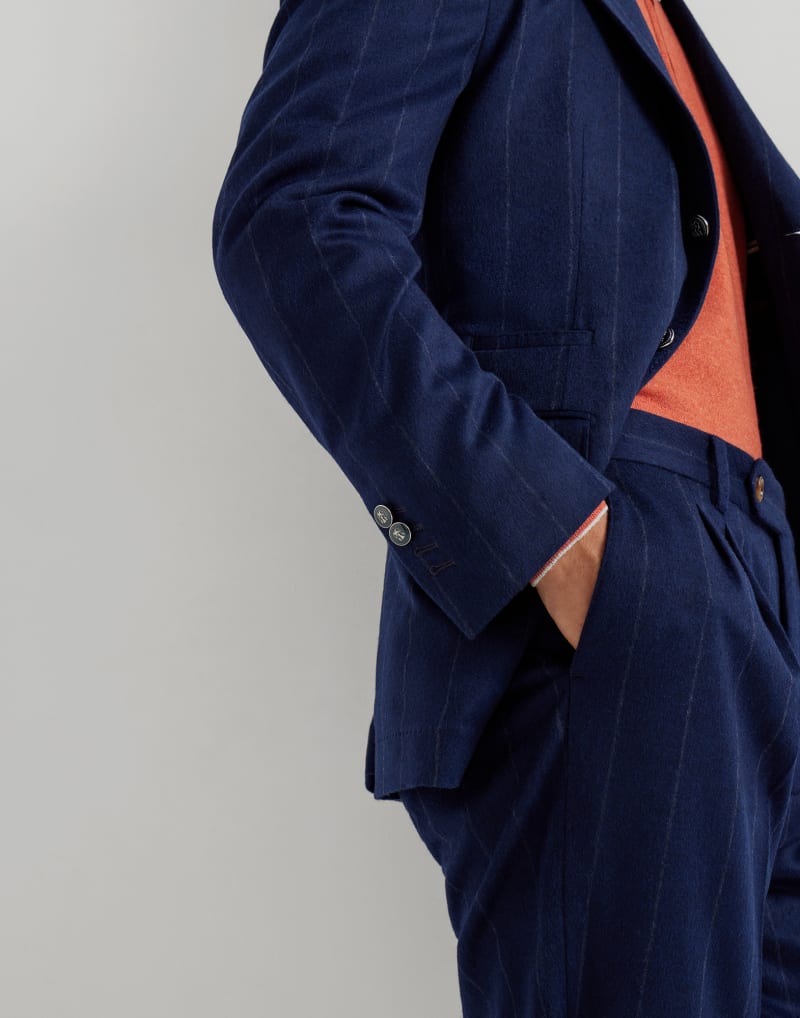 BRUNELLO CUCINELLI MEN'S COLORFUL BLUE WOOL PINSTRIPE BLAZER