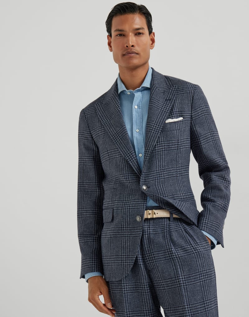 BRUNELLO CUCINELLI MEN'S DENIM WOOL SILK CHECKED BLAZER