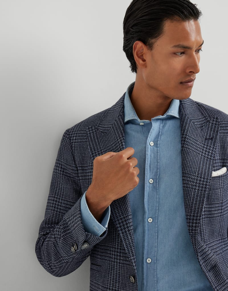 BRUNELLO CUCINELLI MEN'S DENIM WOOL SILK CHECKED BLAZER