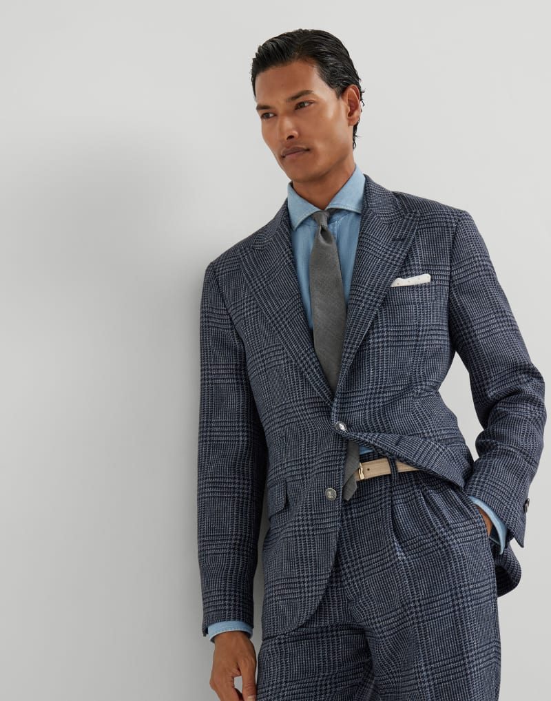 BRUNELLO CUCINELLI MEN'S DENIM WOOL SILK CHECKED BLAZER