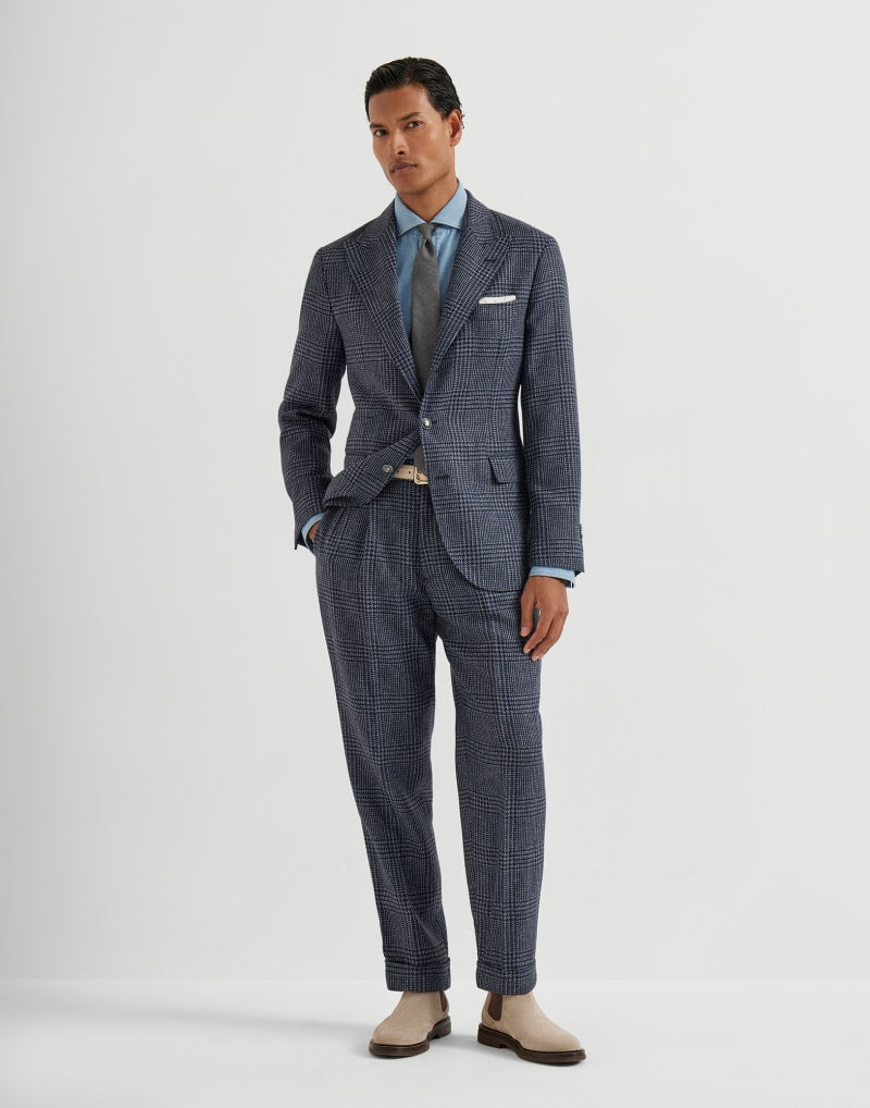 BRUNELLO CUCINELLI MEN'S DENIM WOOL SILK CHECKED BLAZER