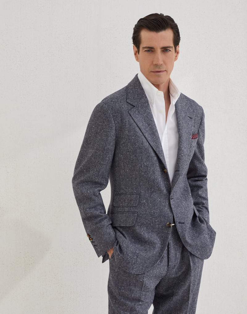 BRUNELLO CUCINELLI MEN'S NAVY WOOL HERRINGBONE BLAZER