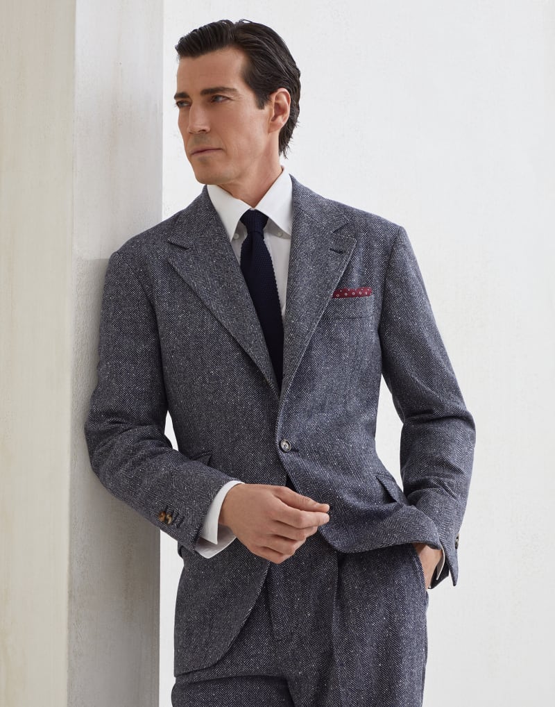 BRUNELLO CUCINELLI MEN'S NAVY WOOL HERRINGBONE BLAZER