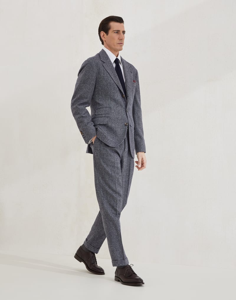 BRUNELLO CUCINELLI MEN'S NAVY WOOL HERRINGBONE BLAZER