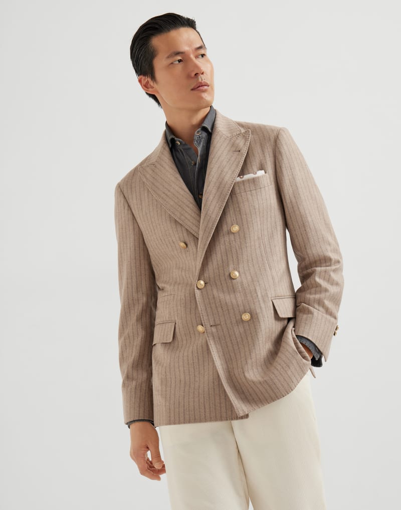 BRUNELLO CUCINELLI MEN'S SAND GREY DOUBLE BREASTED WOOL SILK BLAZER