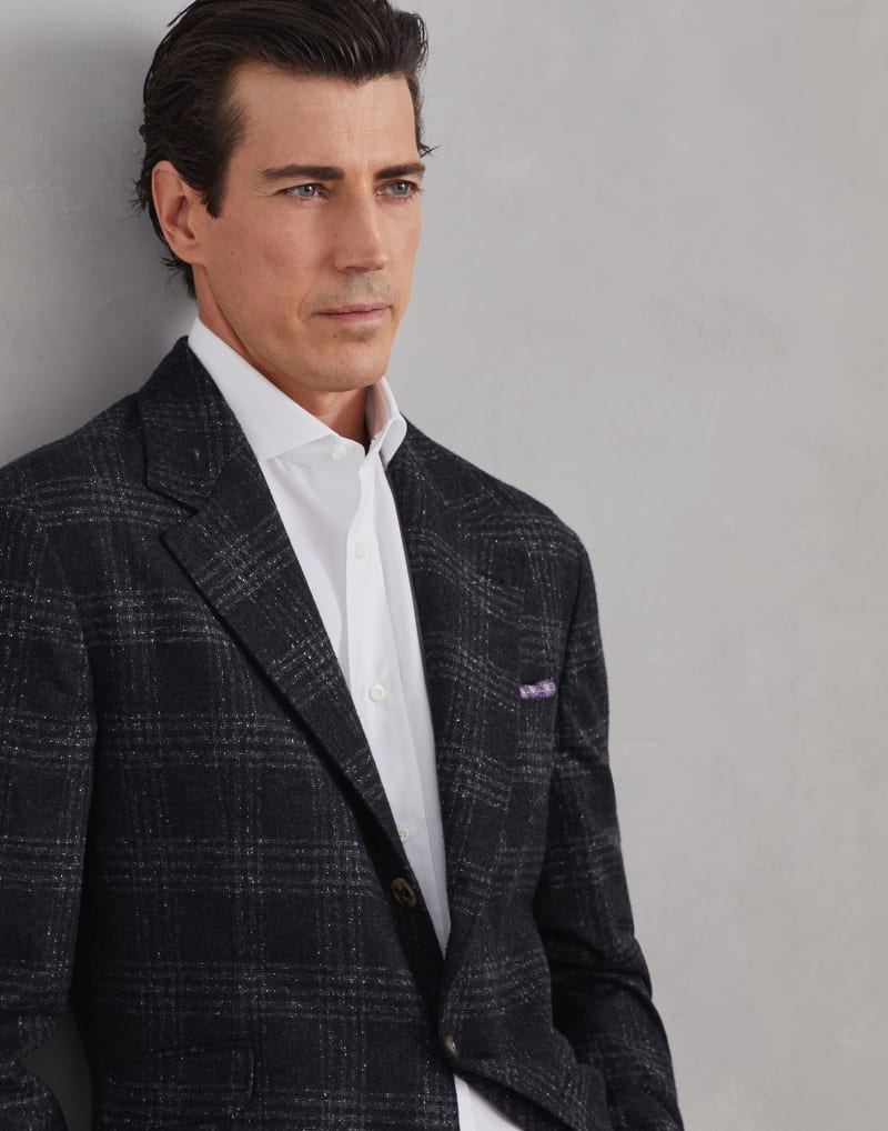 BRUNELLO CUCINELLI MEN'S ANTHRACITE CHECKED SILK WOOL BLAZER