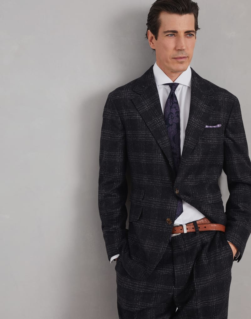 BRUNELLO CUCINELLI MEN'S ANTHRACITE CHECKED SILK WOOL BLAZER