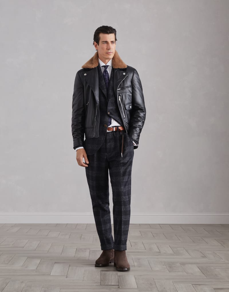 BRUNELLO CUCINELLI MEN'S ANTHRACITE CHECKED SILK WOOL BLAZER