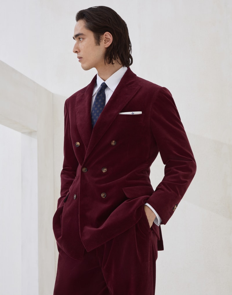 BRUNELLO CUCINELLI MEN'S AMARANTH DOUBLE BREASTED COTTON WOOL BLAZER