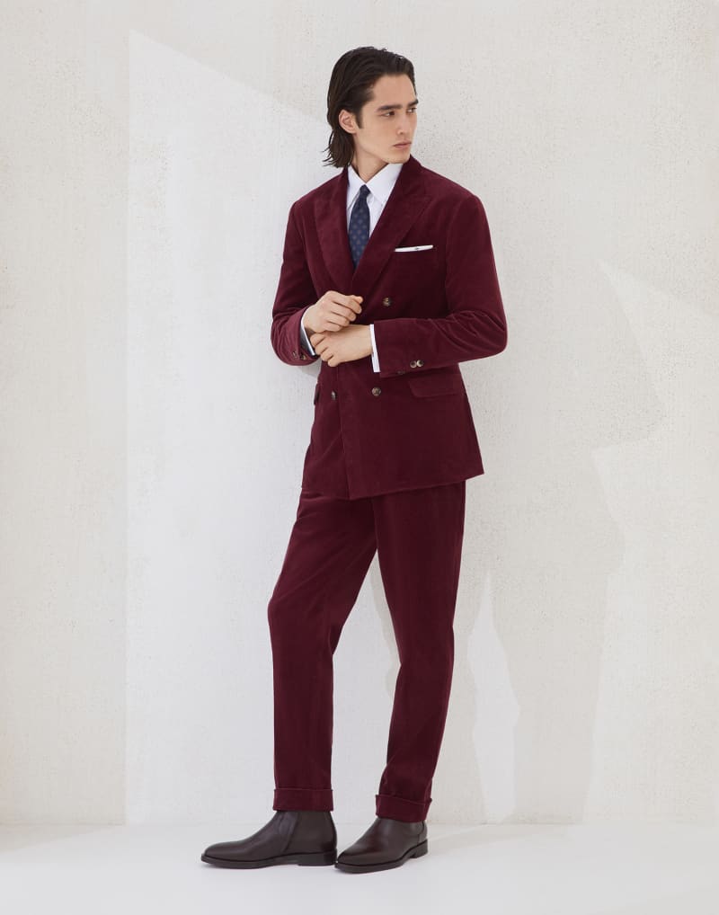 BRUNELLO CUCINELLI MEN'S AMARANTH DOUBLE BREASTED COTTON WOOL BLAZER