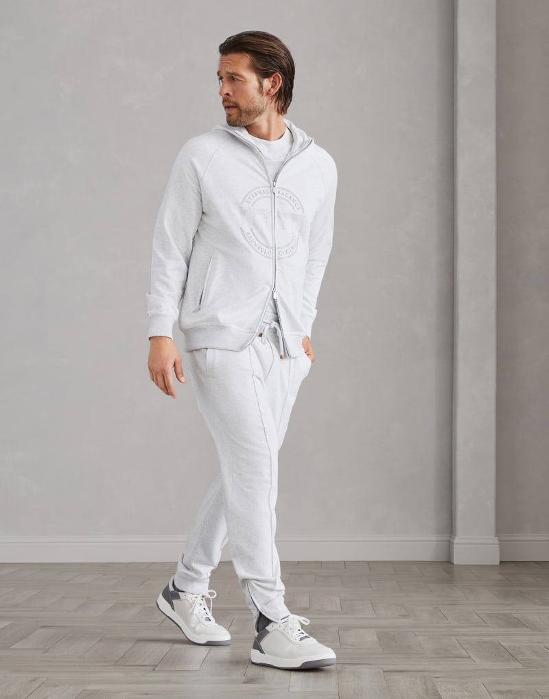 BRUNELLO CUCINELLI MEN'S PEARL GRAY COTTON BLEND GYM TROUSERS