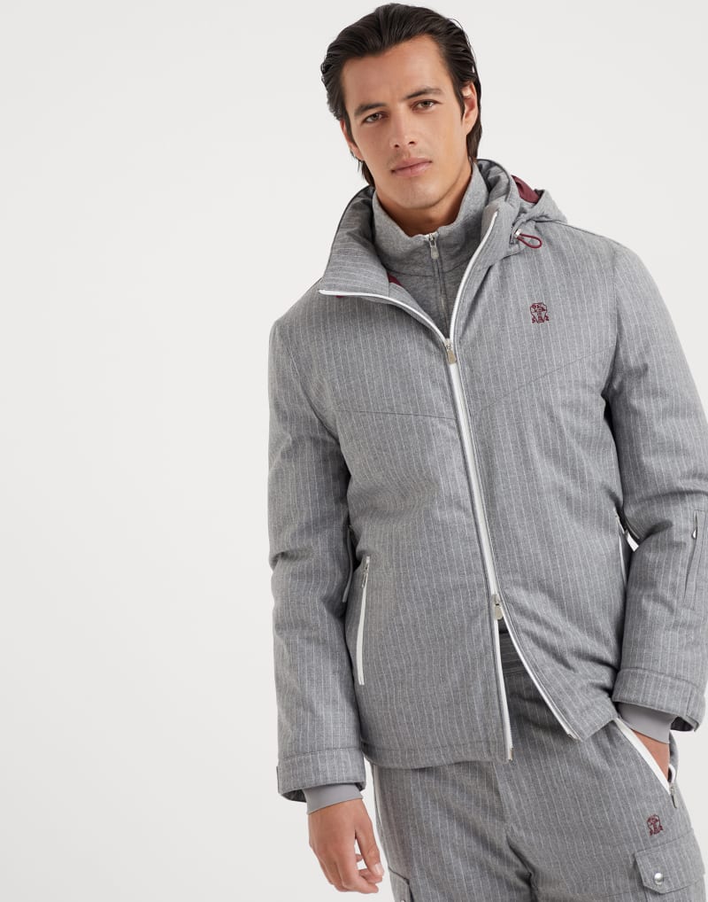 BRUNELLO CUCINELLI MEN'S PEARL GREY WOOL PINSTRIPE JACKET