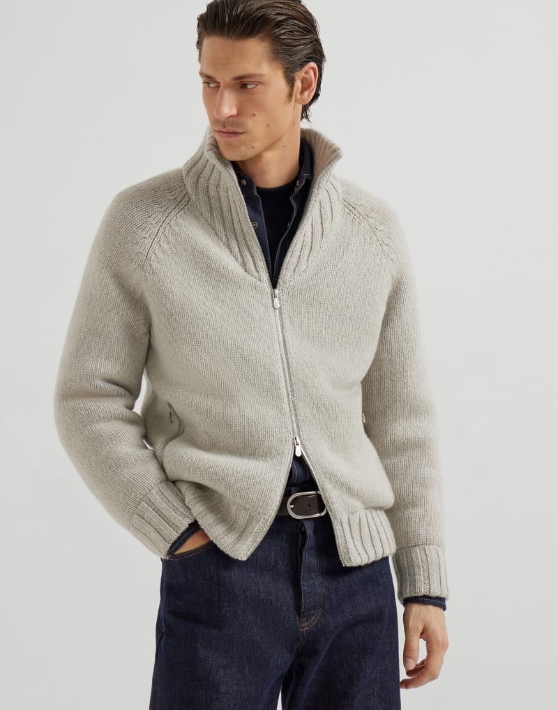 BRUNELLO CUCINELLI MEN'S ROCK SALT WOOL ZIP FRONT KNITTED JACKET