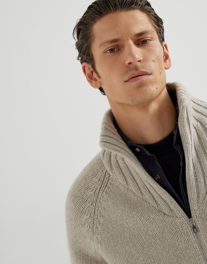BRUNELLO CUCINELLI MEN'S ROCK SALT WOOL ZIP FRONT KNITTED JACKET