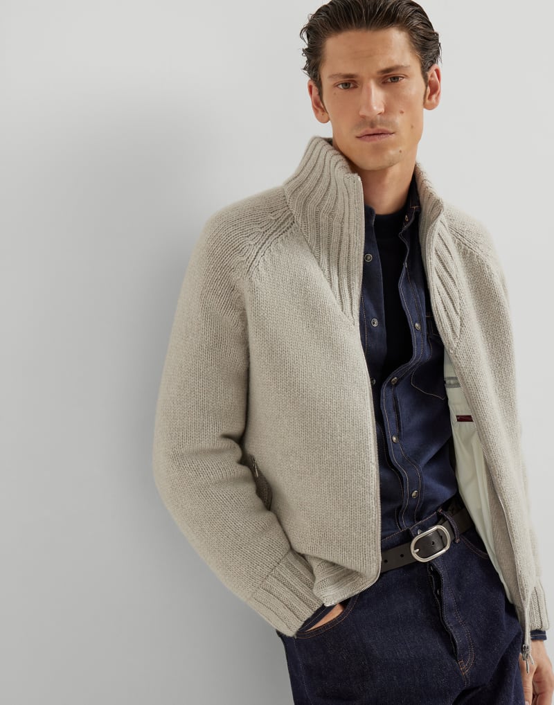 BRUNELLO CUCINELLI MEN'S ROCK SALT WOOL ZIP FRONT KNITTED JACKET