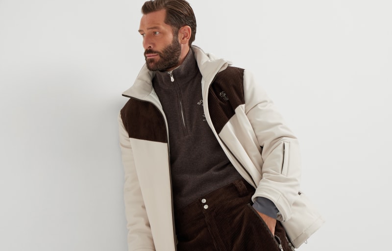 BRUNELLO CUCINELLI MEN'S OFF WHITE AND BROWN COLORBLOCK JACKET