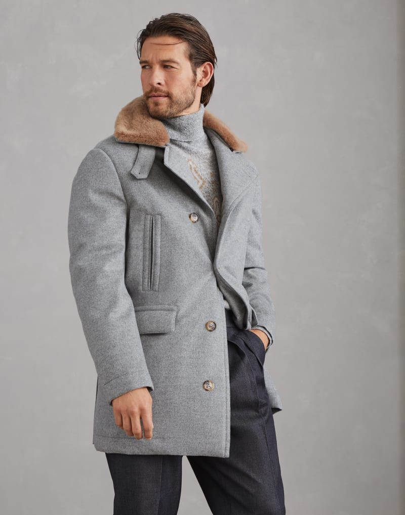 BRUNELLO CUCINELLI MEN'S PEARL GREY WOOL JACKET WITH MINK COLLAR