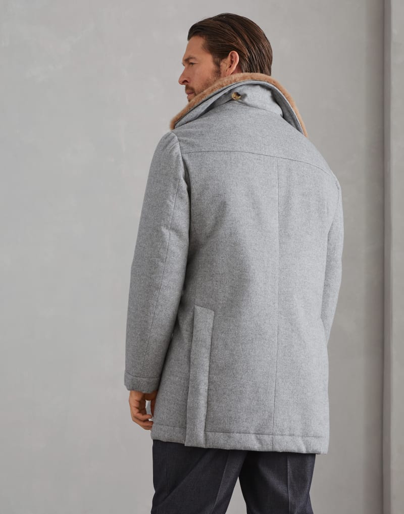 BRUNELLO CUCINELLI MEN'S PEARL GREY WOOL JACKET WITH MINK COLLAR