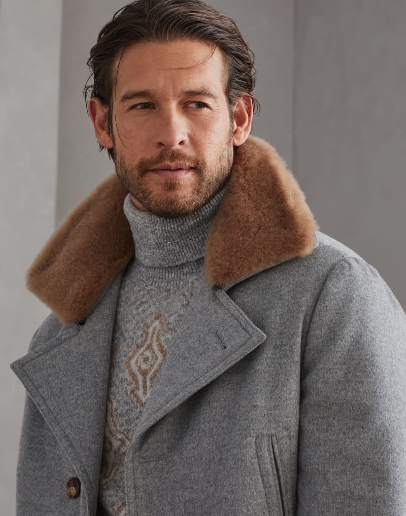 BRUNELLO CUCINELLI MEN'S PEARL GREY WOOL JACKET WITH MINK COLLAR