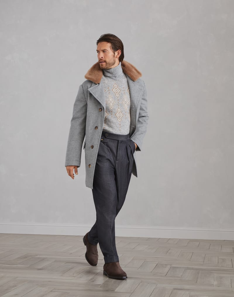 BRUNELLO CUCINELLI MEN'S PEARL GREY WOOL JACKET WITH MINK COLLAR