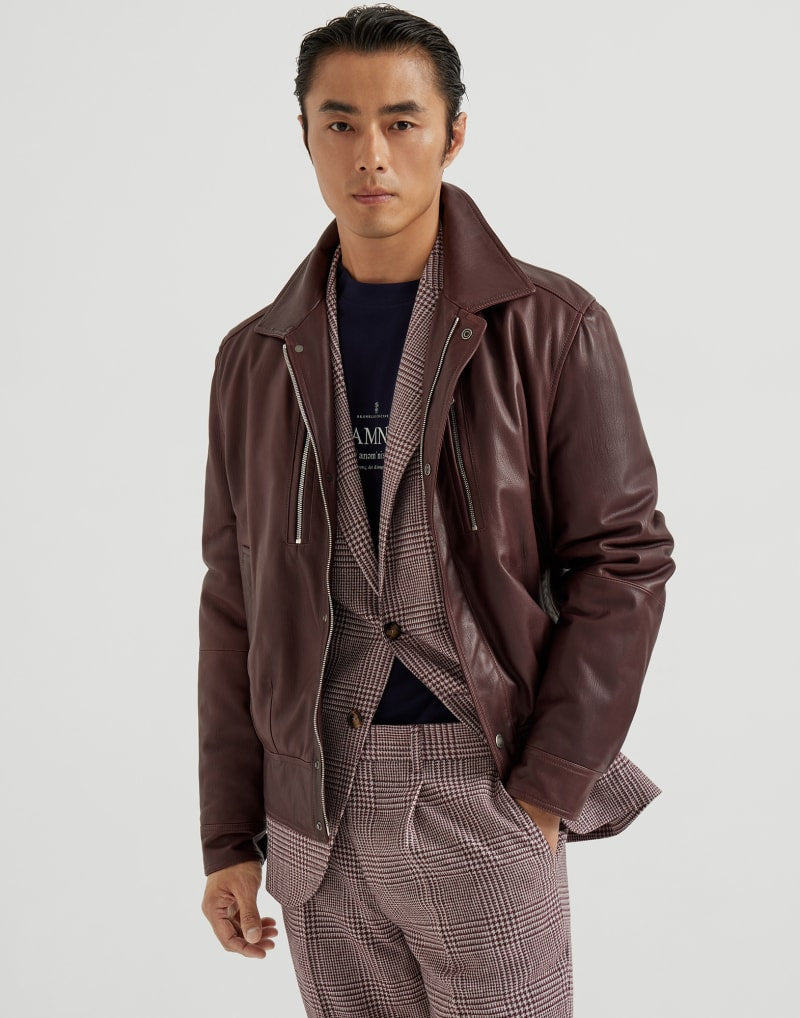 BRUNELLO CUCINELLI MEN'S RADISH LEATHER ZIP FRONT JACKET