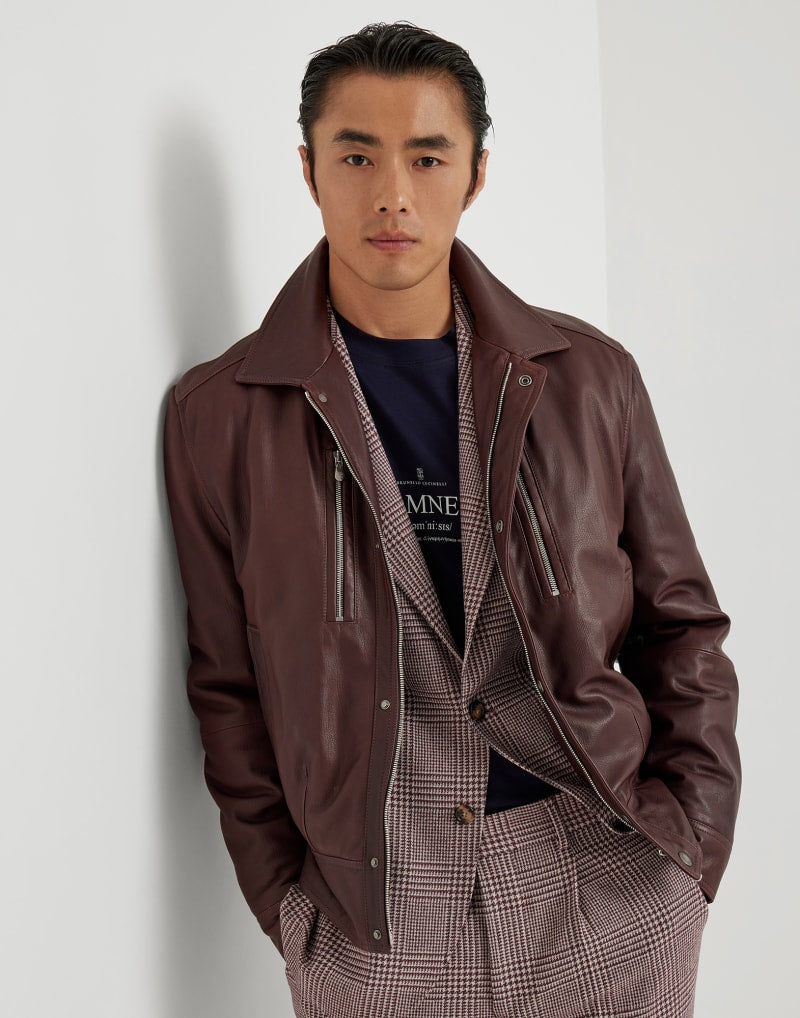 BRUNELLO CUCINELLI MEN'S RADISH LEATHER ZIP FRONT JACKET