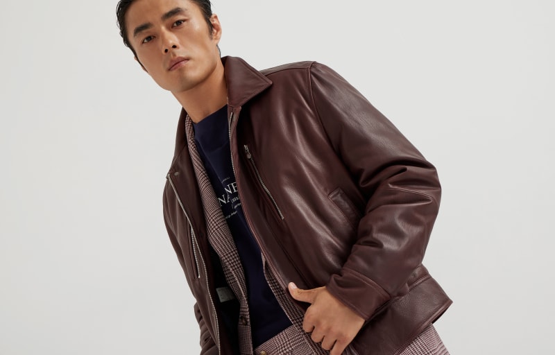 BRUNELLO CUCINELLI MEN'S RADISH LEATHER ZIP FRONT JACKET