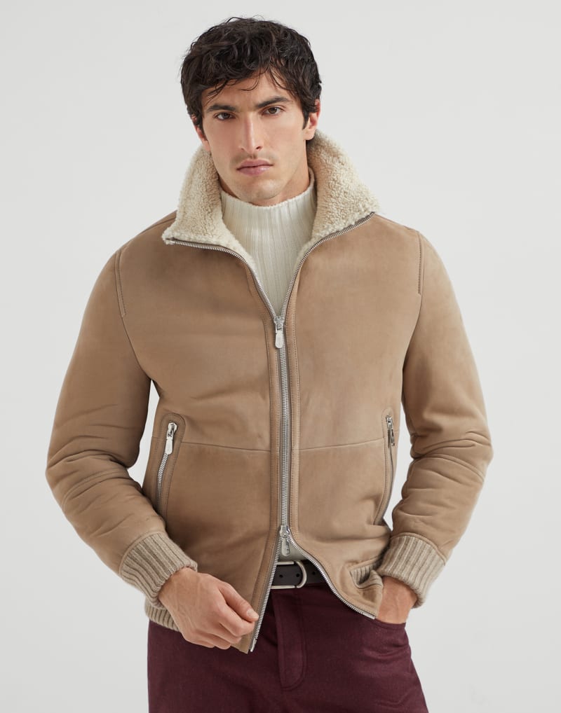 BRUNELLO CUCINELLI MEN'S HAZELNUT SHEARLING COLLAR ZIP JACKET