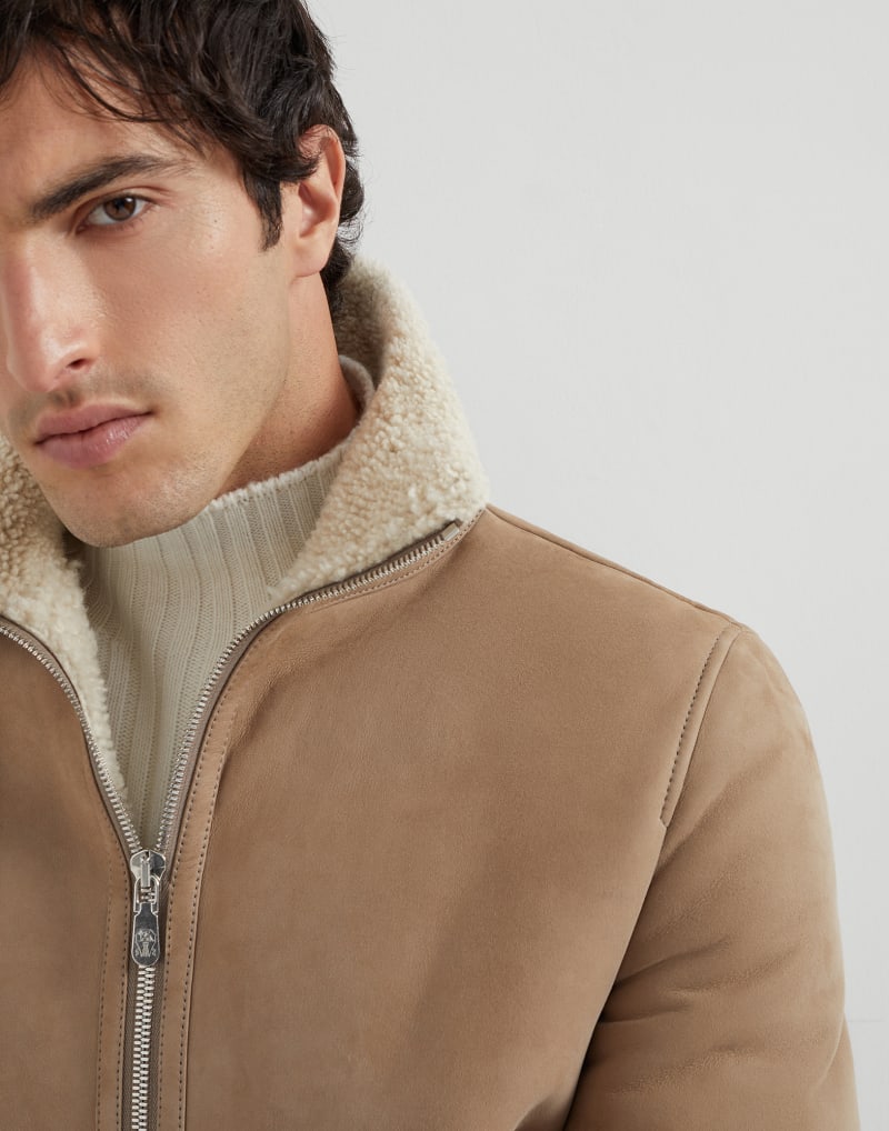 BRUNELLO CUCINELLI MEN'S HAZELNUT SHEARLING COLLAR ZIP JACKET