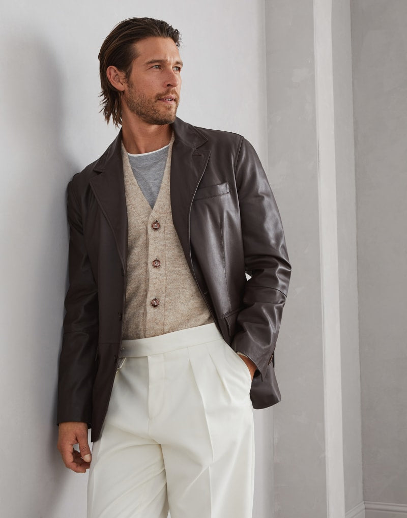 BRUNELLO CUCINELLI MEN'S DARK BROWN LEATHER BLAZER