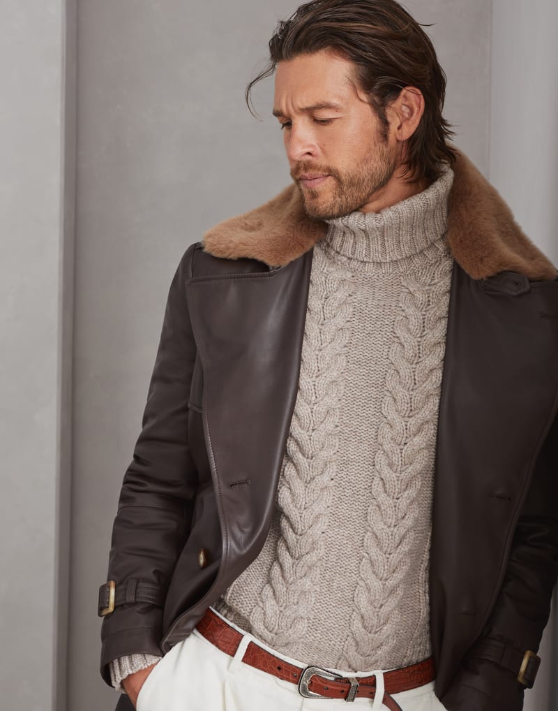 BRUNELLO CUCINELLI MEN'S MOORS HEAD LEATHER DOUBLE BREASTED JACKET