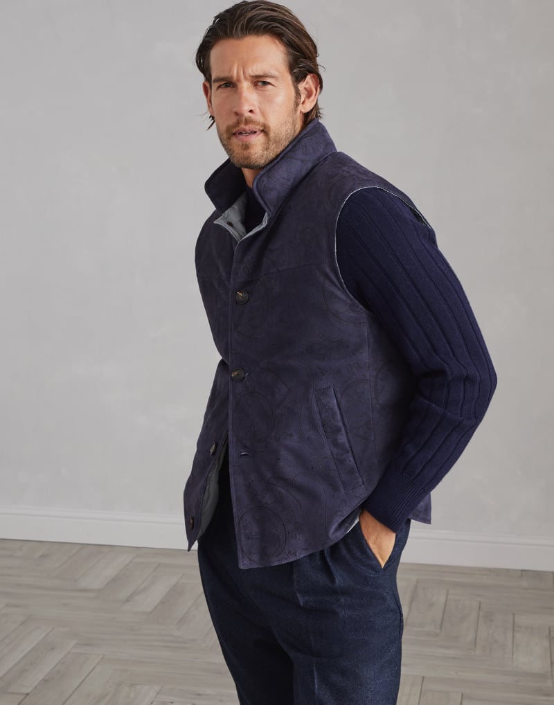 BRUNELLO CUCINELLI MEN'S PRUSSIA SUEDE PATTERNED VEST JACKET