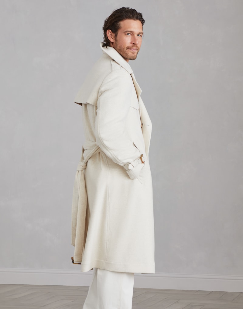 BRUNELLO CUCINELLI MEN'S SAND DOUBLE BREASTED WOOL SILK BLEND COAT