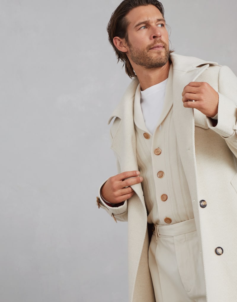 BRUNELLO CUCINELLI MEN'S SAND DOUBLE BREASTED WOOL SILK BLEND COAT