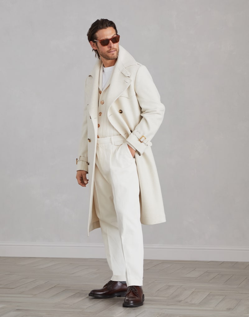 BRUNELLO CUCINELLI MEN'S SAND DOUBLE BREASTED WOOL SILK BLEND COAT