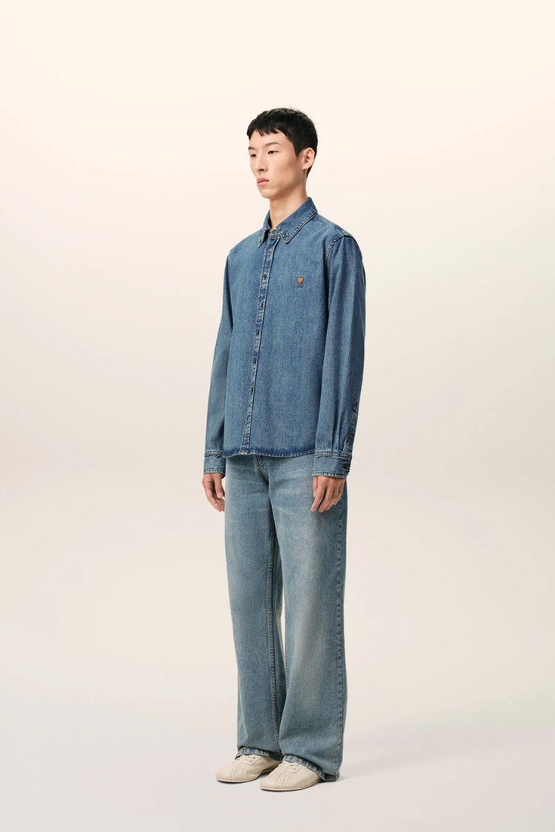 Ami Paris Button Down Shirt In Used Indigo Light Denim Blue