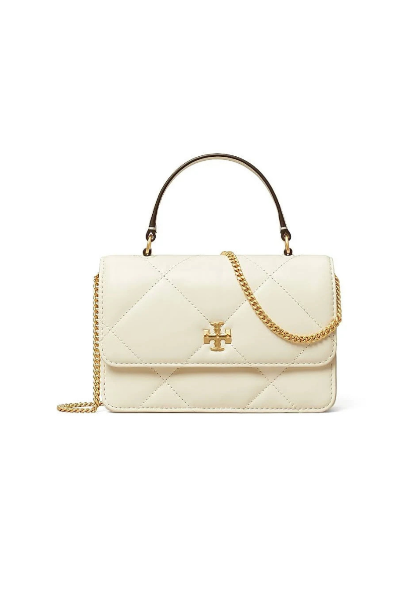 Tory Burch Kira Diamond Quilt Mini Top Handle Chain Wallet Warm White 158326-101