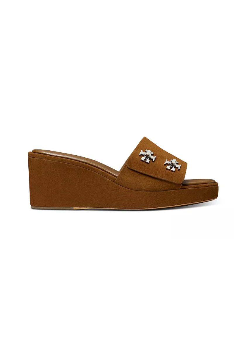 Tory Burch Turnlock Wedge Sandals in Cognac Brown Suede