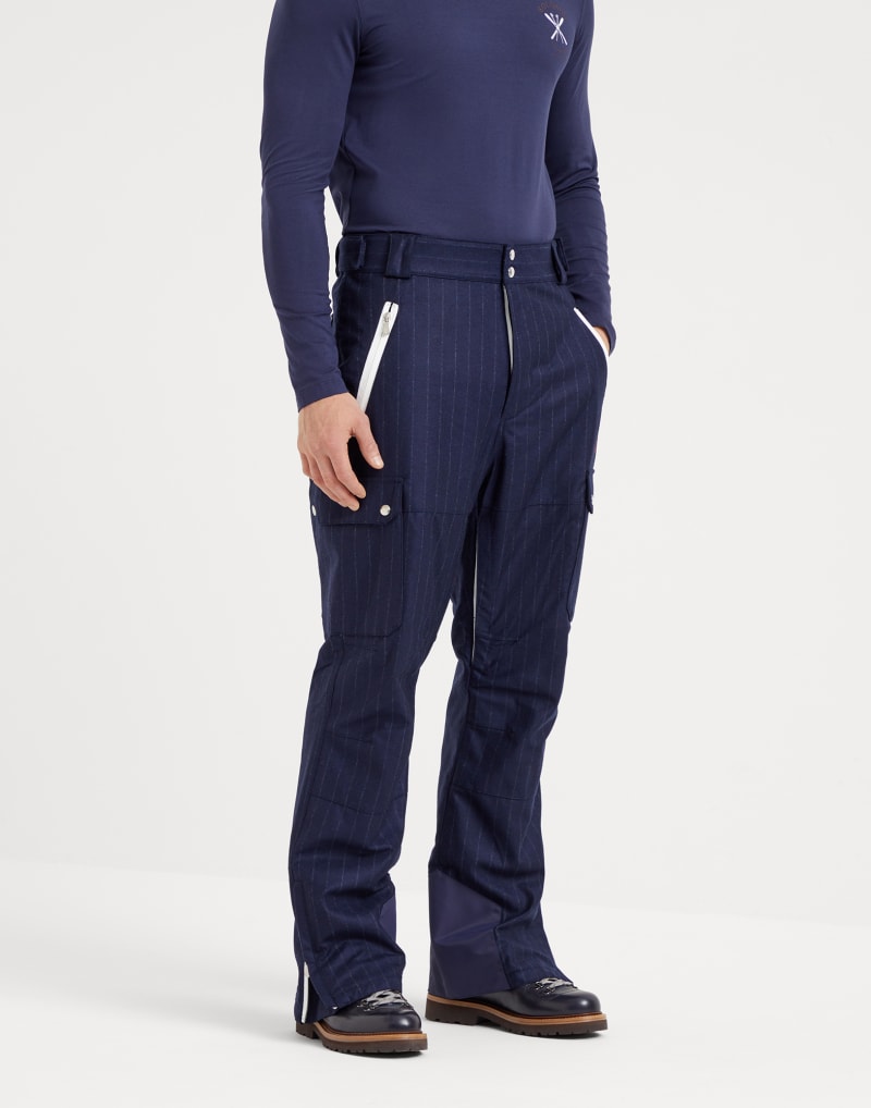 BRUNELLO CUCINELLI MEN'S BLUE PINSTRIPE WOOL CARGO TROUSERS