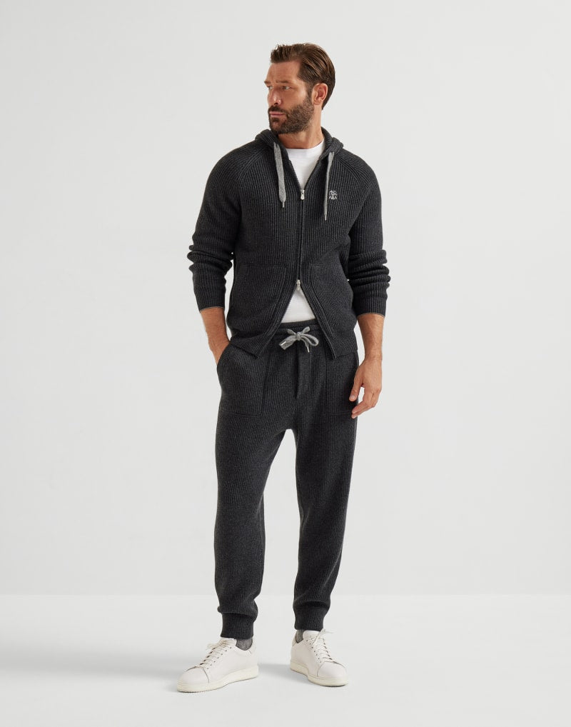 BRUNELLO CUCINELLI MEN'S CHARCOAL WOOL KNIT JOGGER TROUSERS