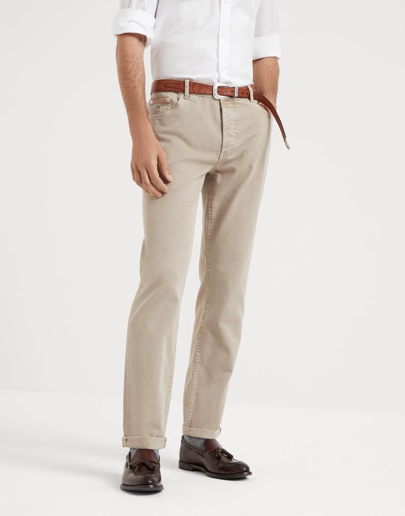 BRUNELLO CUCINELLI MEN'S BROWN COTTON STRAIGHT LEG TROUSERS
