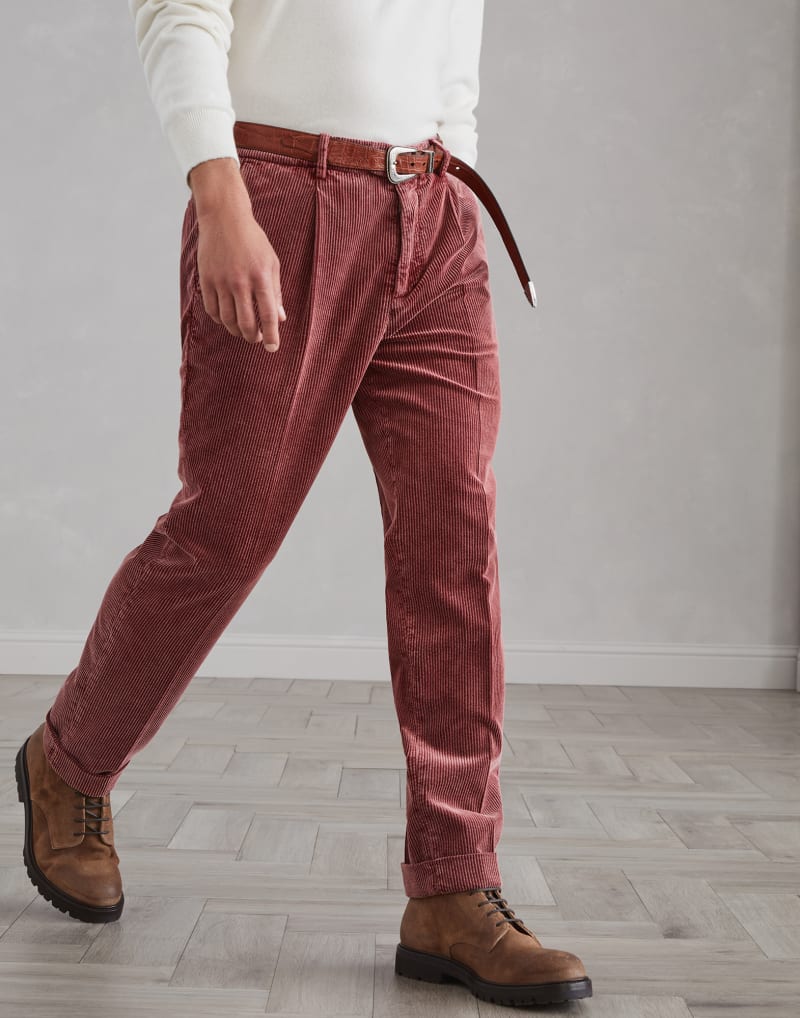 BRUNELLO CUCINELLI MEN'S CORAL COTTON CORDUROY TROUSERS