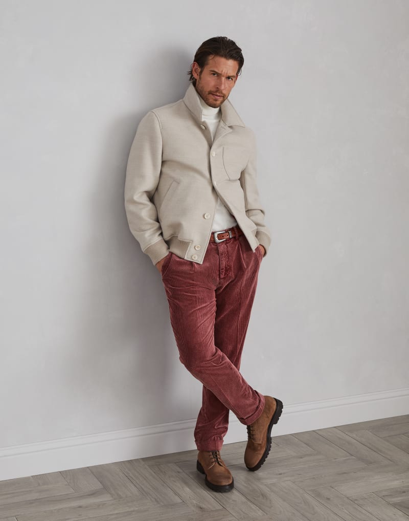 BRUNELLO CUCINELLI MEN'S CORAL COTTON CORDUROY TROUSERS