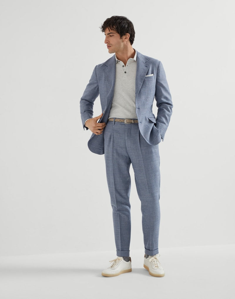 BRUNELLO CUCINELLI MEN'S CLOUD WOOL SILK LINEN CHECKED TROUSERS