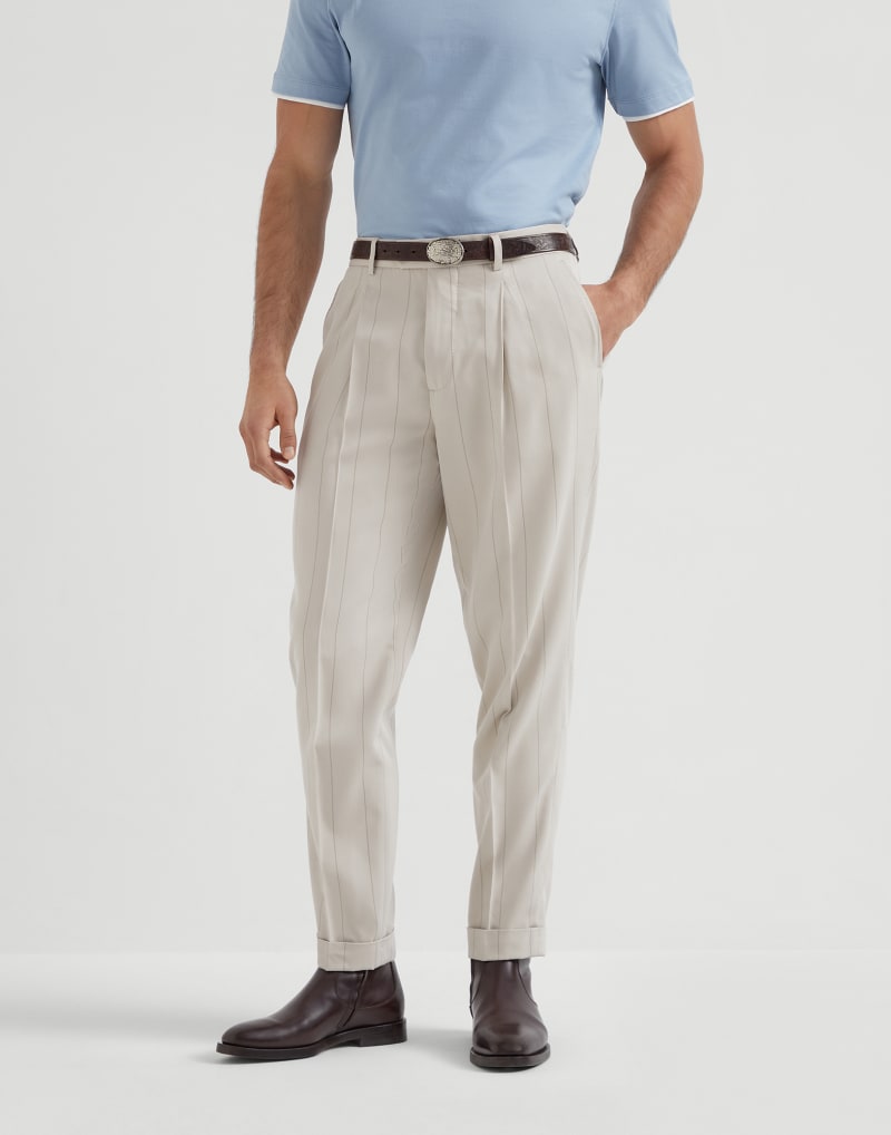 BRUNELLO CUCINELLI MEN'S ICE SILK PINSTRIPE PLEATED TROUSERS